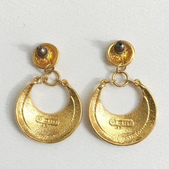 Vintage Edgar Berebi Gold Tone Blue Enamel Dangle Moon Shaped Pierced Earrings - Picture 2 of 3